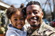 Emotional military homecoming. Portrait of a happy male soldier hugging his daughter after returning home from the army. African american military servicemen reuniting with family after serving