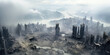 Aerial view of destroyed city, scary buildings ruins and destructions. Deserted urban landscape during war, foggy wasteland.