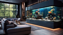 Modern House Interior Design, Luxury Aquarium Inside Villa Or Mansion. Large Contemporary Living Room. Concept Of Eco Home Style