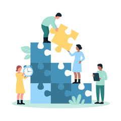 Team building for business growth vector illustration. Cartoon tiny people holding puzzle pieces to build and put in company ladder, employees climbing career stairs from stack of jigsaw blocks