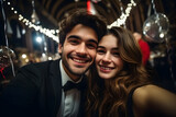 Fototapeta Tulipany - Lovely couples in casual dress taking selfie at new year party