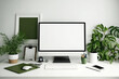 © Sona - Elegant workspace with blank laptop screen, blank poster, and designer supplies. Generative AI