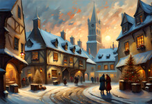 Christmas Scene With A Snow Covered Old Fashioned English Town In Winter At Twilight With Ancient Houses Illuminated By Lamps At Twilight