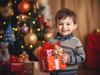 Wall Mural - little boy with his christmas presents