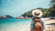 Tourist Woman with Hat and Backpack in Phuket, Thailand. Wanderlust concept.