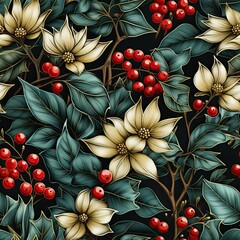 Wall Mural - Holly Christmas Seamless Wrapping Paper