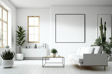 Poster - Modern interior with a bright, minimalist living room, illustration. Generative AI