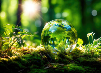 Earth day concept. Crystalline earth on the soil in the forest with moss and sunlight. Generative AI