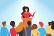© lembergvector - Confident speech of speaker in front of audience vector illustration. Cartoon young woman orator standing behind podium with microphones to speak in front of crowd of people, presentation of leader