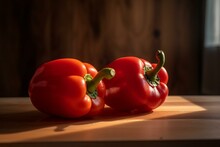 Three Red Bell Peppers On A Wooden Table In A Kitchen. Generative AI