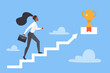 © lembergvector - Businesswoman climbing career ladder vector illustration. Cartoon ambitious female leader and entrepreneur going up stairs to success victory and leadership, motivation for climb is winners gold cup