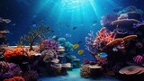 Fototapeta Do akwarium - An image of an underwater world with a group of sea creatures and vibrant coral reefs.