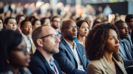 Wall Mural - Diverse audience enjoying a business conference; attention foused on off-screen speaker