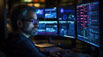a software developer with color blindness sits in front of multiple screens, coding and debugging co