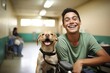A young man with paraplegia smiles from his wheelchair as he volunteers at a local animal shelter. Despite his inability to walk, he finds fulfillment by helping animals in need and provides