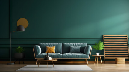 Bright and cozy modern living room interior with green sofa and decoration room on empty dark blue wall background.