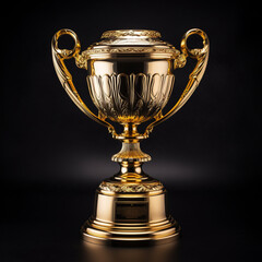 Champion golden trophy isolated on black background. Concept of success and achievement