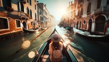 Back view tourist woman hat backpack vacation gondola Venice Wanderlust concept

