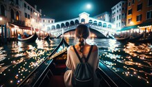 Back View Tourist Woman Hat Backpack Vacation Gondola Venice Wanderlust Concept

