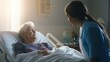 A nurse in a hospital room, gently adjusting the blanket of an elderly patient, showing care and empathy.