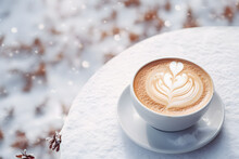 Hot of coffee cup with latte art on outdoor table and winter snow background. Aroma, enjoy beverage, Relax on vacation with hot drinks.
