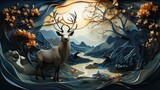 Fototapeta  - Deer Themed 3D Wallpaper Art in Stylish Dark Blue