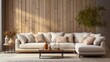 Cozy Beige Sofa on Wood Wall