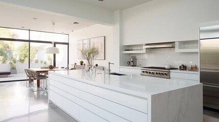 A contemporary kitchen with sleek white walls and stainless steel accents, the high-definition camera capturing the clean and modern design.