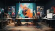 A creative workspace with vibrant accent colors on the interior walls, the HD camera highlighting the artistic and inspiring atmosphere of the studio.