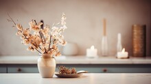 Flowers in vase and burning candles in living room, cosy winter interior home decor, calm and relax  aromatherapy, mock up arrangement