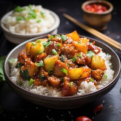 Canvas Print - Experience the Irresistible Flavors of Chinese Cuisine with Sweet and Sour Pork, a Delectable Dish Featuring Tender Pork, Pineapple, and Salsa

