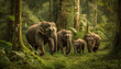 Large herd of African elephants walking through lush green forest generated by AI