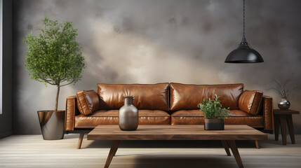 Wall Mural - Wood table top on blur living room have leather sofa and decoration minimal.
