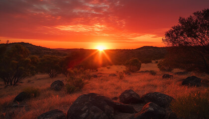 Poster - Tranquil sunset over idyllic African landscape, silhouetted trees and mountains generated by AI