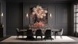 A sophisticated dining room with dark gray walls and a statement chandelier, the high-resolution camera capturing the elegant and refined design.