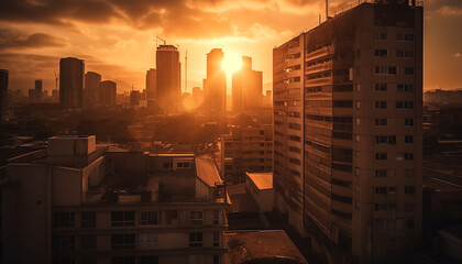 Canvas Print - Modern city skyline illuminated by sunset, reflecting on skyscraper windows generated by AI