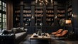 A stylish home library with built-in bookshelves and dark accent walls, the high-resolution camera capturing the coziness and intellectual ambiance.