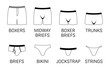 Mens different type white underwear pants, contour vector icons isolated on white background.