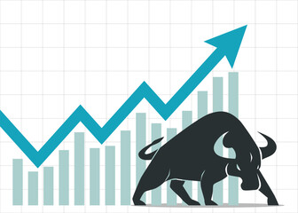 trading bullish position forex stock graph rising up profit grow up bull stand near a big blue arrow and bar chart pointing up