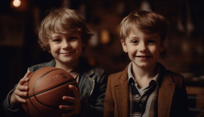 Wall Mural - Smiling boys playing basketball, childhood happiness in cheerful portrait generated by AI