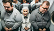 Distressed elderly lady sandwiched between two big men on plane