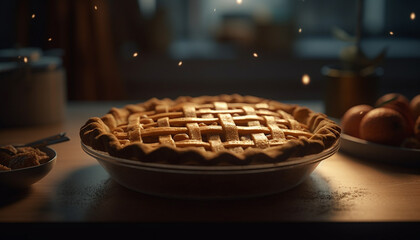 Sticker - Homemade sweet pie on rustic wood table, baked with love generated by AI