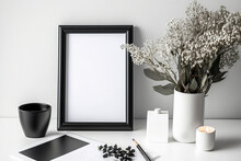 On A Table With A Black A4 Photo Frame, Materials, And A Vase Of White Flowers Close To A White Wall. Desk And Copy Space In A Loft With A Hipster Aesthetic. Background. Generative AI