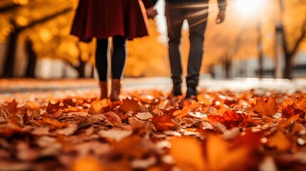 In a sunlit park, a couple walks hand in hand, stealing gentle glances, with autumn leaves surrounding them.