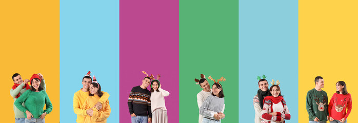 Canvas Print - Collage of happy young couple on color background. Christmas celebration