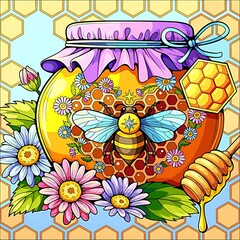 Sticker - bee and honey with flowers 