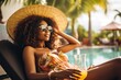 Woman in sun hat lounging by tropical pool, holding refreshing drink under palms. Tropical relaxation.