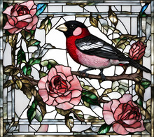 Rose-breasted Grosbeak Bird, Abstract Painting In Stained Glass Style