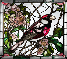 Rose-breasted Grosbeak Bird, Abstract Painting In Stained Glass Style