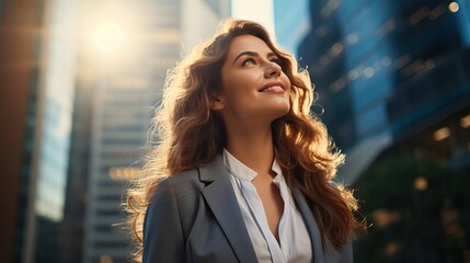 Close up portrait of young attractive businesswoman wearing smart clothes and smiling and looking absolutely happy posing outdoors city the background.